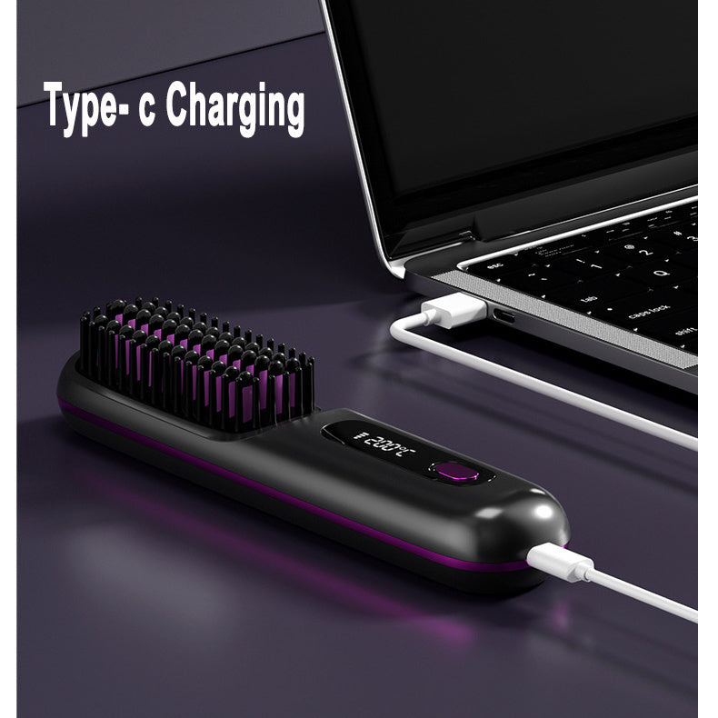 2-in-1 Wireless Hair Straightening & Curling Brush – Fast Heating, Portable, USB Rechargeable