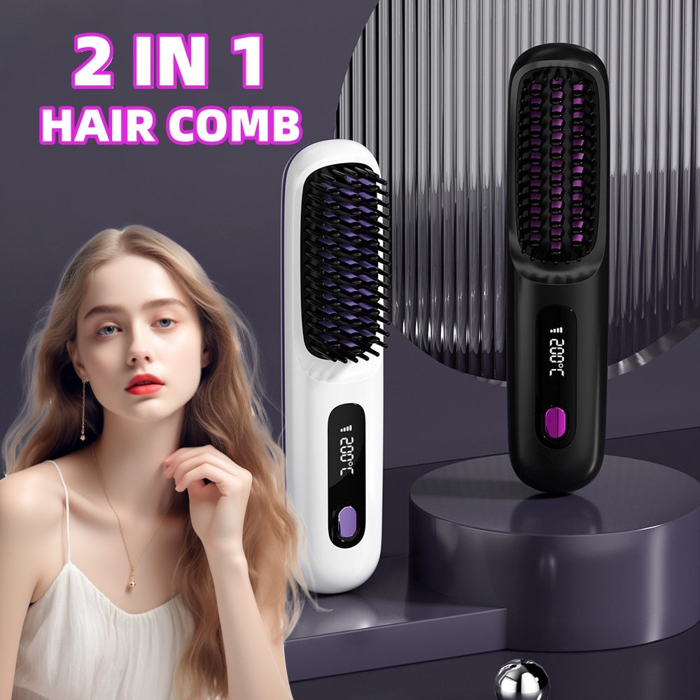 2-in-1 Wireless Hair Straightening & Curling Brush – Fast Heating, Portable, USB Rechargeable