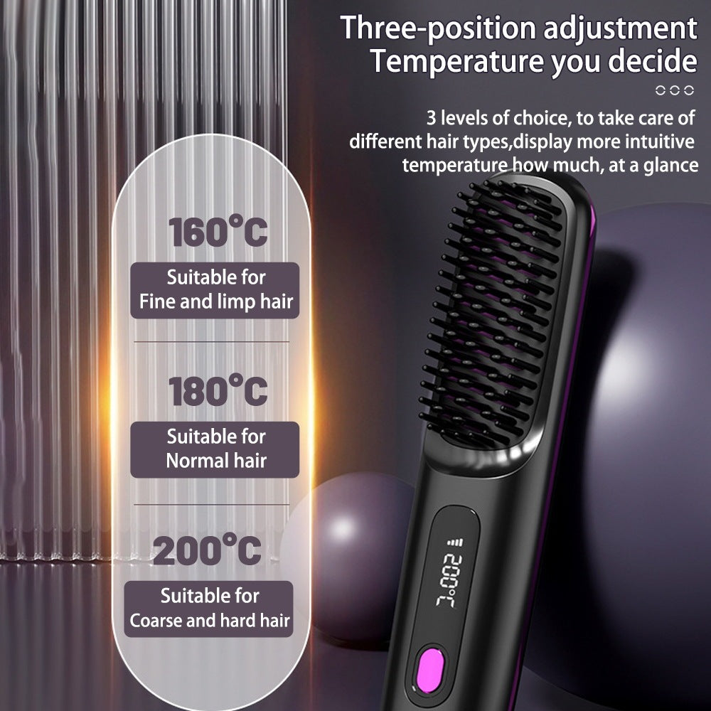 2-in-1 Wireless Hair Straightening & Curling Brush – Fast Heating, Portable, USB Rechargeable