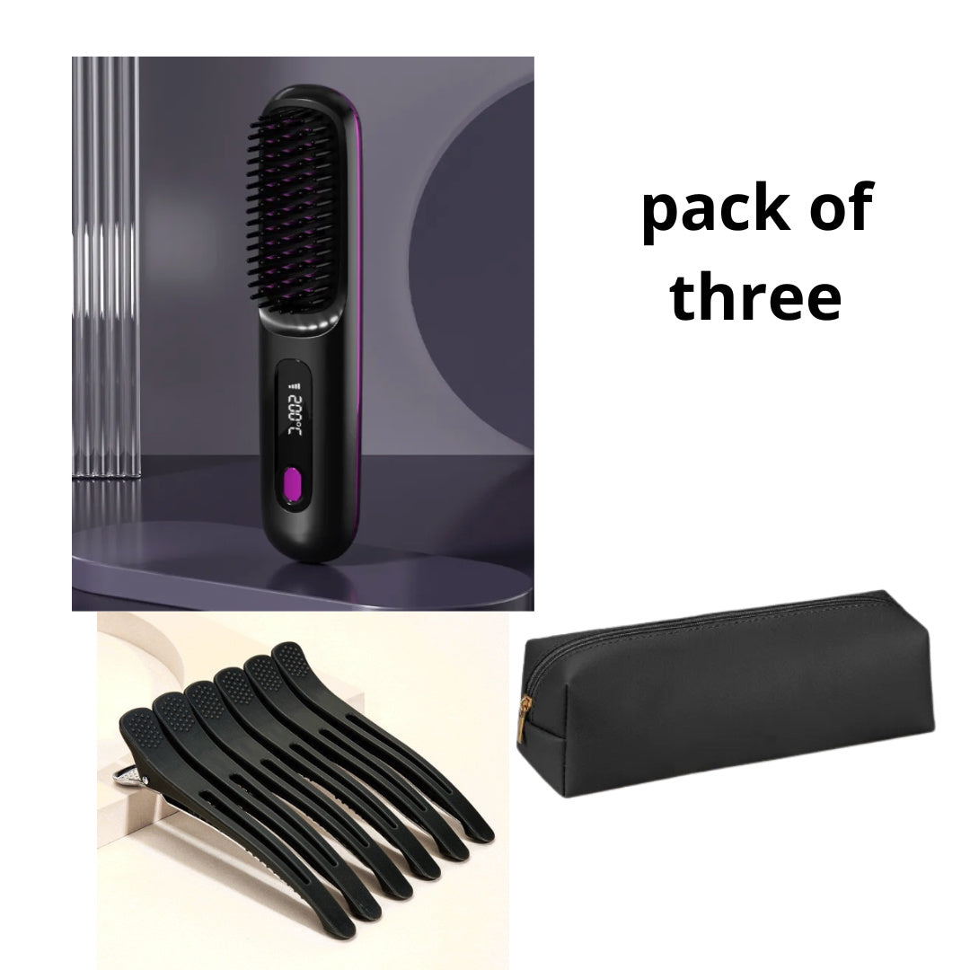 2-in-1 Wireless Hair Straightening & Curling Brush – Fast Heating, Portable, USB Rechargeable